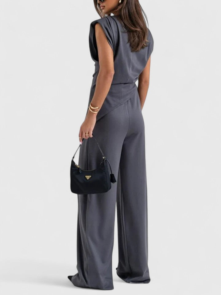 Women's Sleeveless Round Neck Structured Shoulder Twisted Ruched Waist Top Wide Leg High Waist Pants Two Piece Matching Set