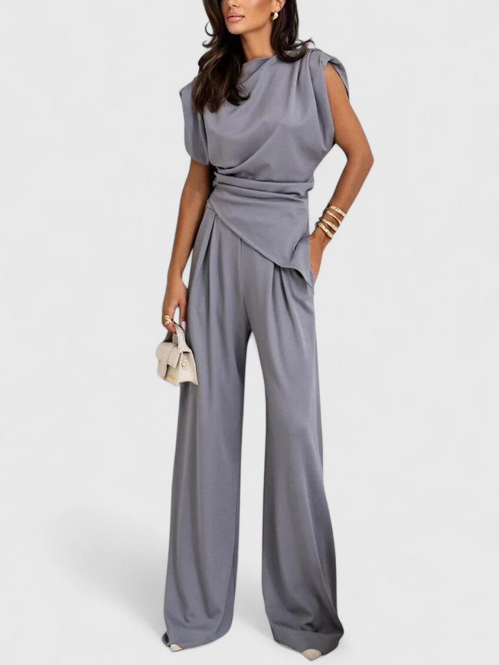 Women's Sleeveless Round Neck Structured Shoulder Twisted Ruched Waist Top Wide Leg High Waist Pants Two Piece Matching Set