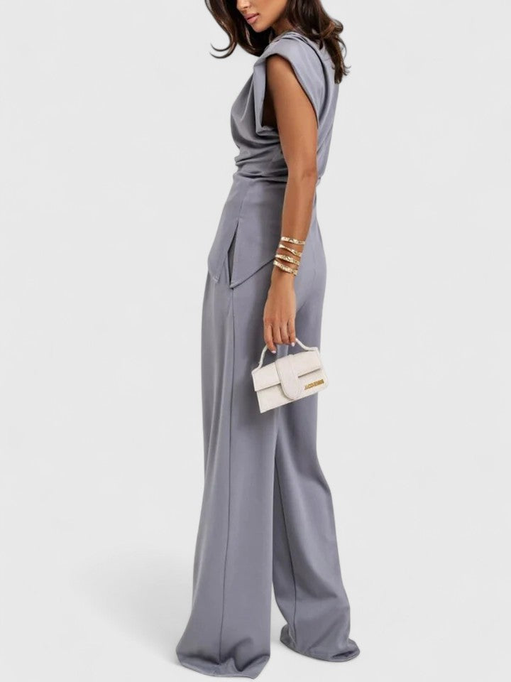 Women's Sleeveless Round Neck Structured Shoulder Twisted Ruched Waist Top Wide Leg High Waist Pants Two Piece Matching Set