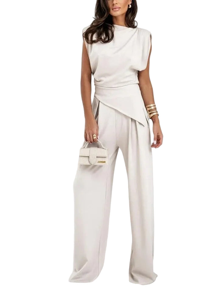 Women's Sleeveless Round Neck Structured Shoulder Twisted Ruched Waist Top Wide Leg High Waist Pants Two Piece Matching Set