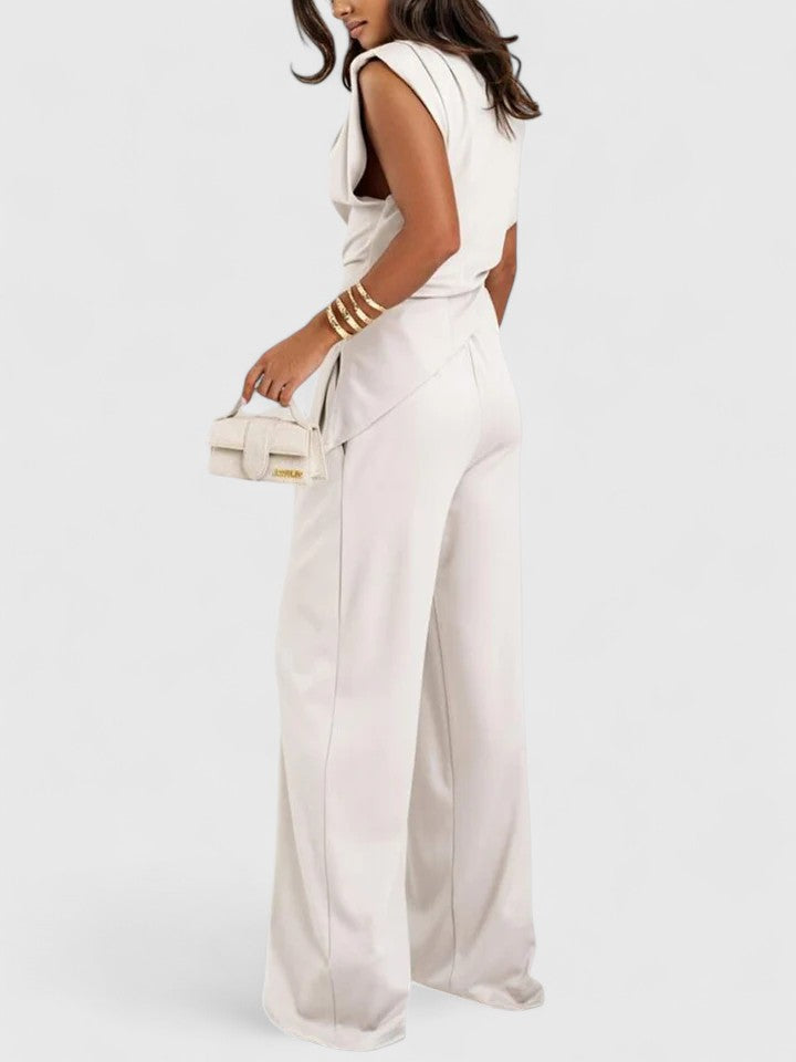 Women's Sleeveless Round Neck Structured Shoulder Twisted Ruched Waist Top Wide Leg High Waist Pants Two Piece Matching Set