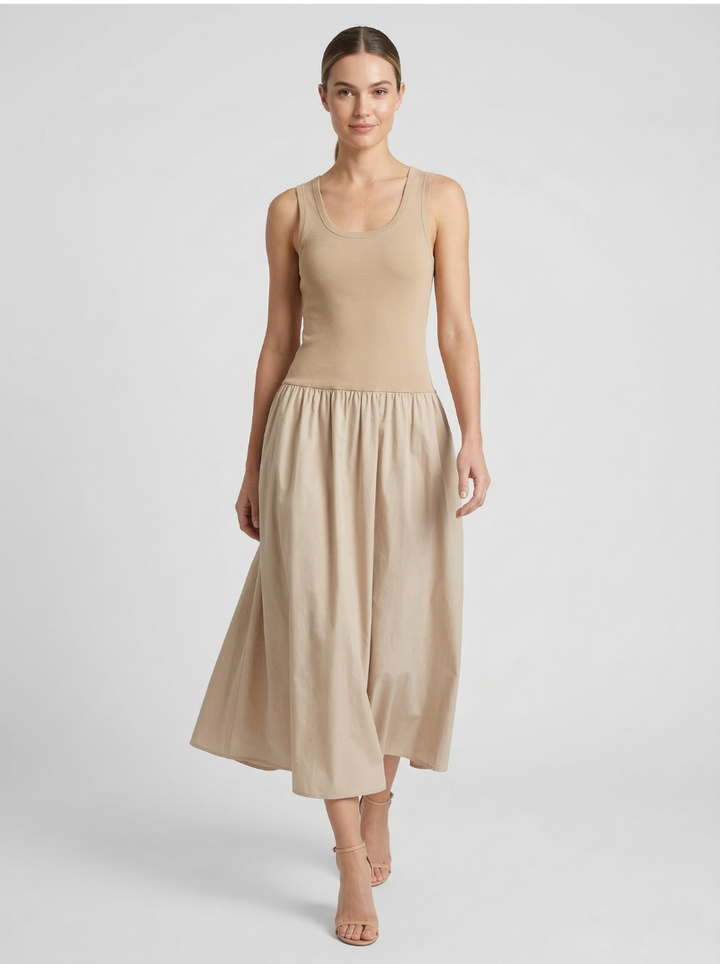 Women's Sleeveless Scoop Neck Ribbed Bodice Gathered Skirt Midi Dress