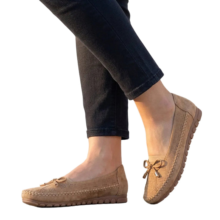Women's Slip On Moccasin Stitch Round Toe Perforated Vamp Decorative Bow Detail Low Wedge Flat Comfort Loafer Shoes