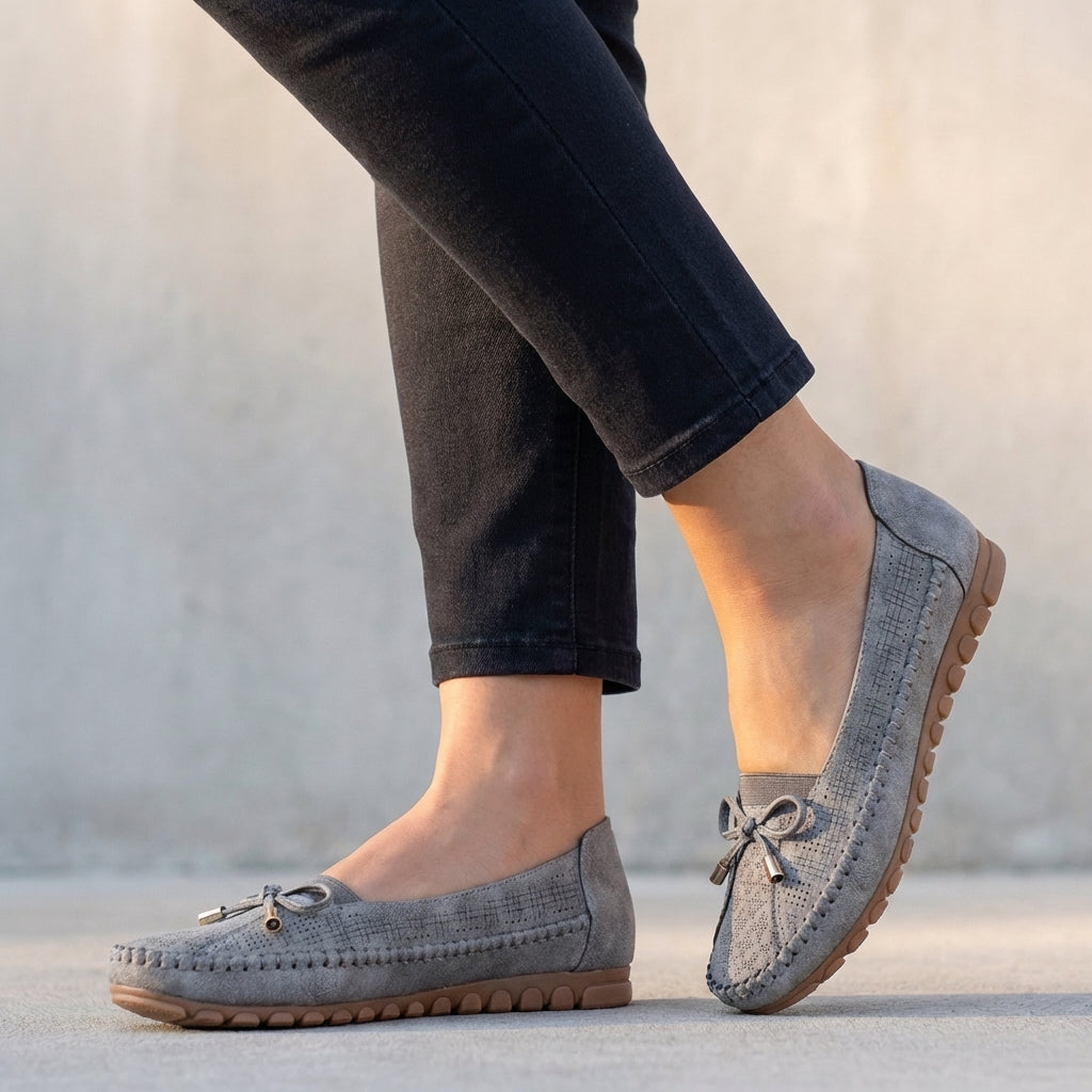 Women's Slip On Moccasin Stitch Round Toe Perforated Vamp Decorative Bow Detail Low Wedge Flat Comfort Loafer Shoes
