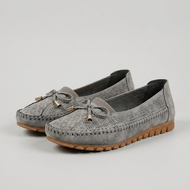Women's Slip On Moccasin Stitch Round Toe Perforated Vamp Decorative Bow Detail Low Wedge Flat Comfort Loafer Shoes