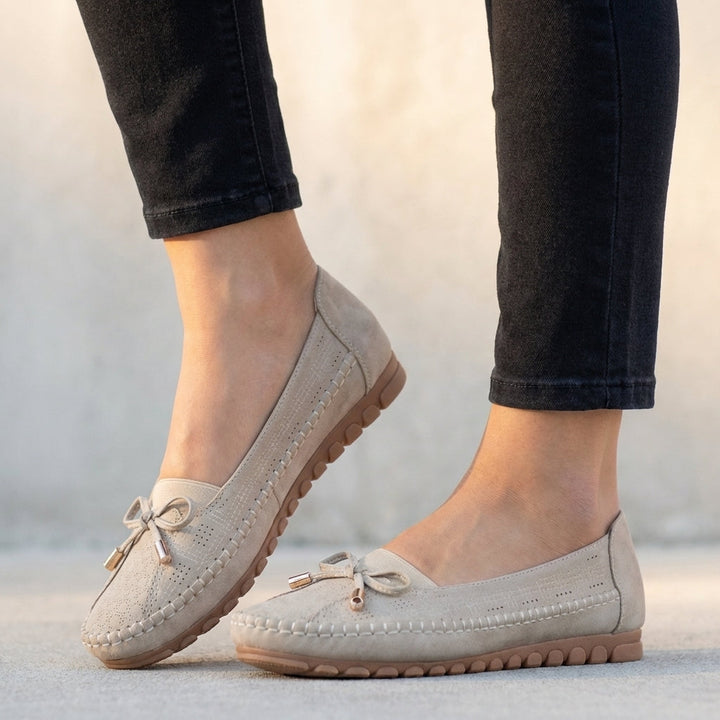 Women's Slip On Moccasin Stitch Round Toe Perforated Vamp Decorative Bow Detail Low Wedge Flat Comfort Loafer Shoes