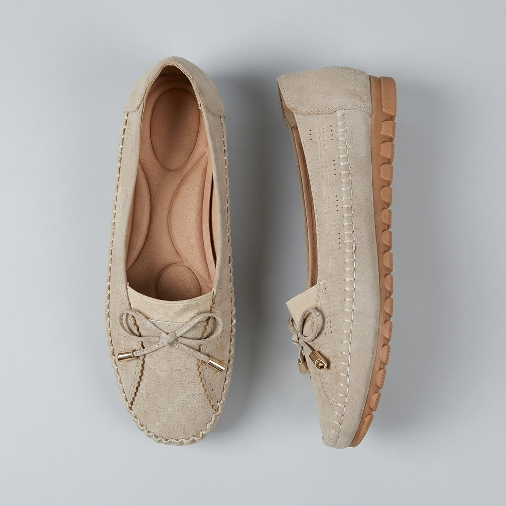 Women's Slip On Moccasin Stitch Round Toe Perforated Vamp Decorative Bow Detail Low Wedge Flat Comfort Loafer Shoes