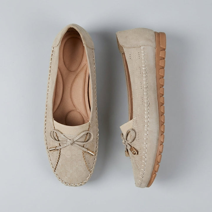 Women's Slip On Moccasin Stitch Round Toe Perforated Vamp Decorative Bow Detail Low Wedge Flat Comfort Loafer Shoes