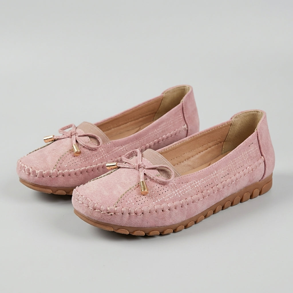 Women's Slip On Moccasin Stitch Round Toe Perforated Vamp Decorative Bow Detail Low Wedge Flat Comfort Loafer Shoes