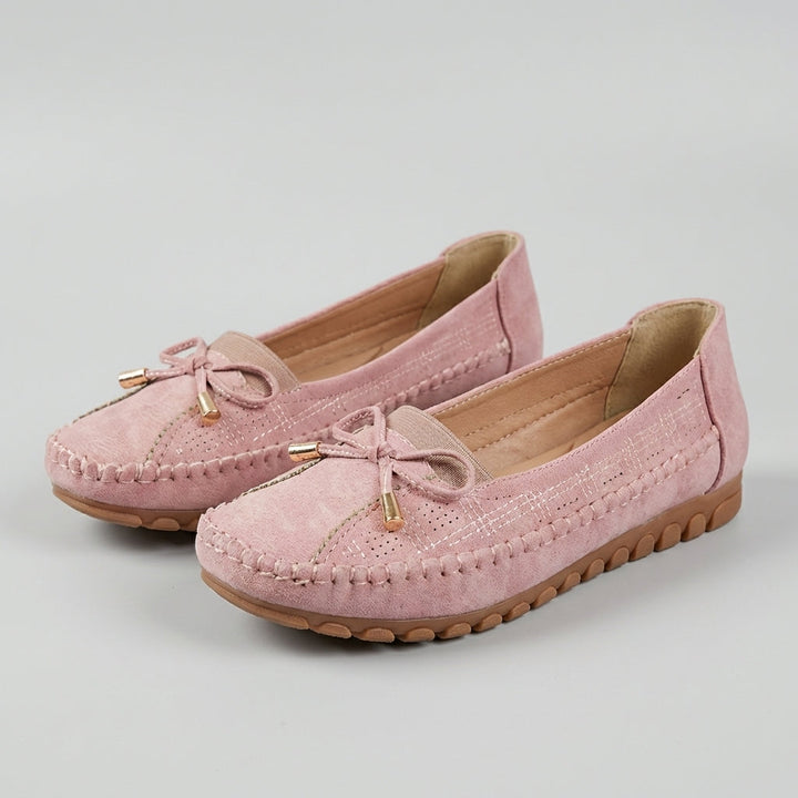 Women's Slip On Moccasin Stitch Round Toe Perforated Vamp Decorative Bow Detail Low Wedge Flat Comfort Loafer Shoes