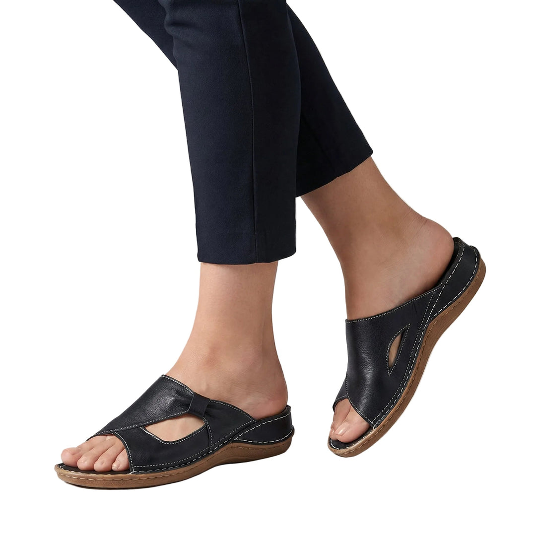 Women's Slip-On Open Toe Cutout Detail Comfort Slide Sandals with Contrast Stitching and Toe Loop