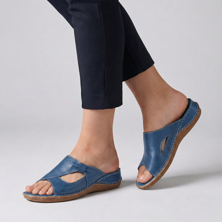 Women's Slip-On Open Toe Cutout Detail Comfort Slide Sandals with Contrast Stitching and Toe Loop