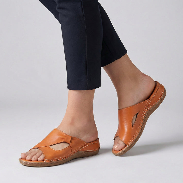 Women's Slip-On Open Toe Cutout Detail Comfort Slide Sandals with Contrast Stitching and Toe Loop