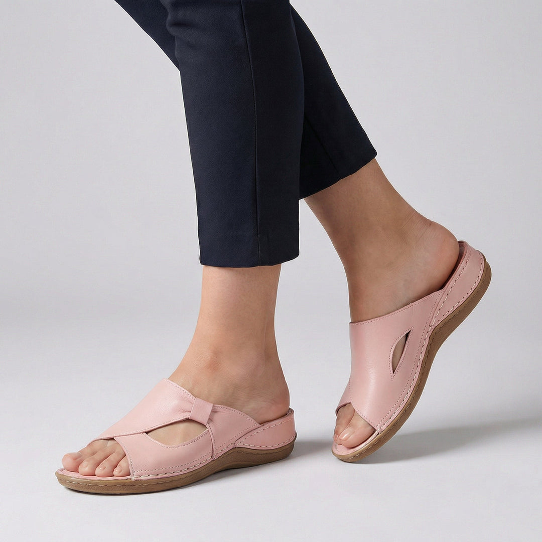 Women's Slip-On Open Toe Cutout Detail Comfort Slide Sandals with Contrast Stitching and Toe Loop
