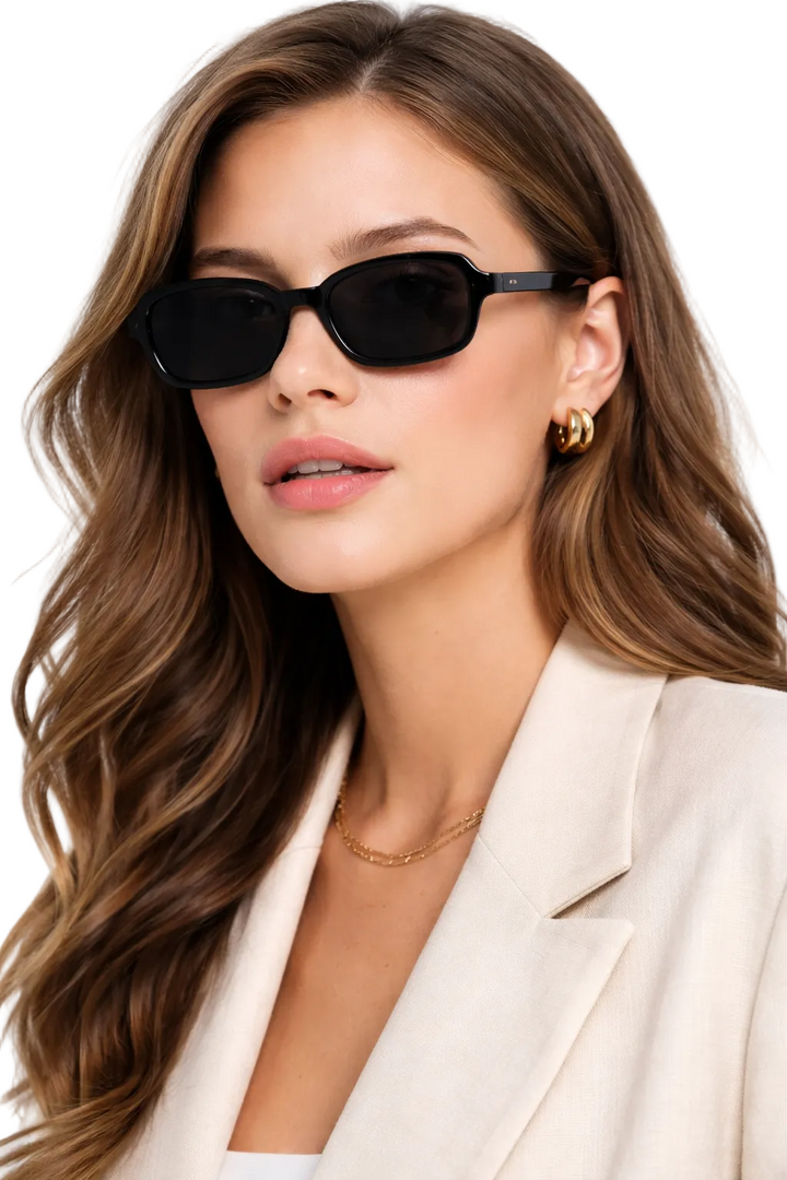 Women's Small Narrow Rectangular Angled Corner Thick Full Frame Solid Tinted UV Protection Sunglasses