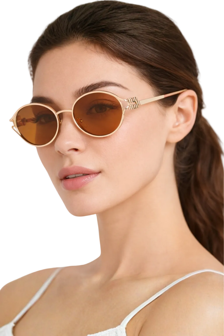 Women's Small Oval Slim Metal Full Frame Structured Geometric Temple Hinge Tinted UV Protection Sunglasses