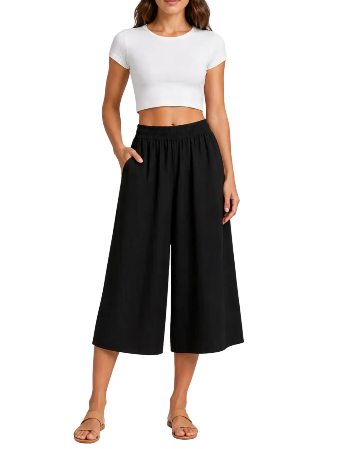 Women's Solid High Waist Smocked Elasticized Waistband Wide Leg Culotte Side Pocket Cropped Pants Women's Wide Leg Pants
