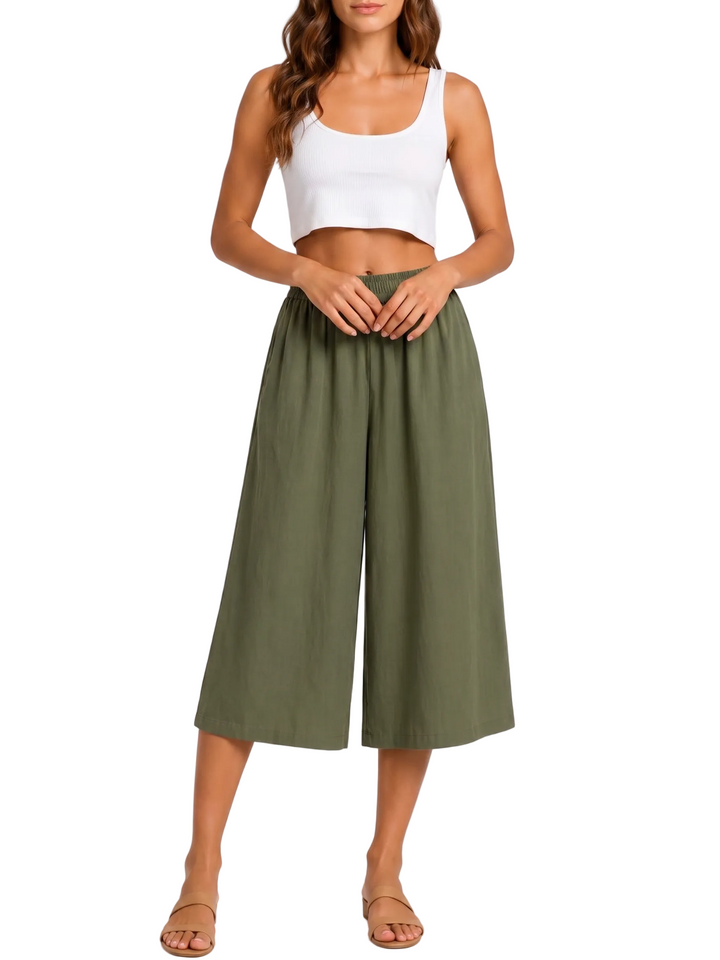 Women's Solid High Waist Smocked Elasticized Waistband Wide Leg Culotte Side Pocket Cropped Pants Women's Wide Leg Pants