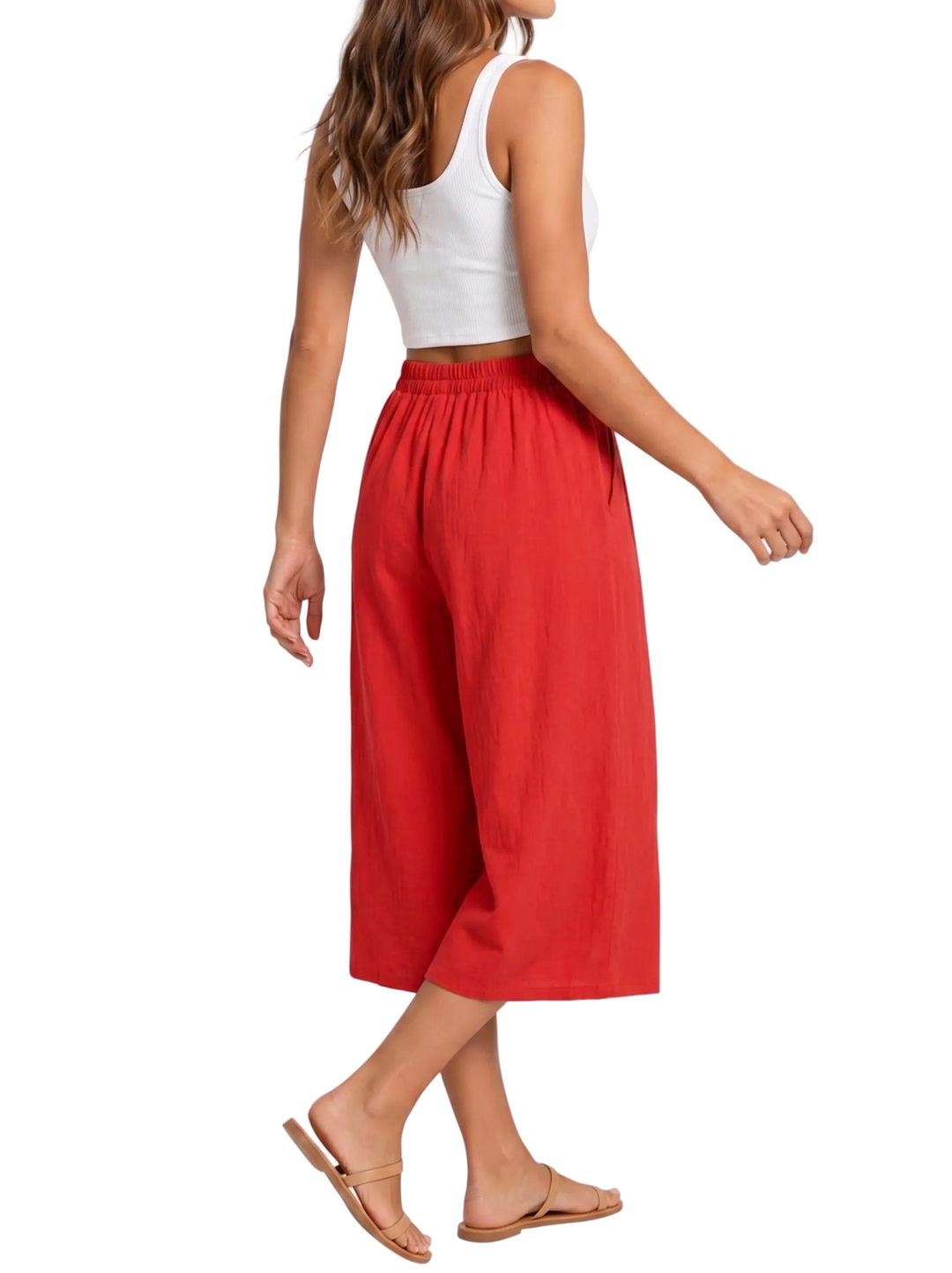 Women's Solid High Waist Smocked Elasticized Waistband Wide Leg Culotte Side Pocket Cropped Pants Women's Wide Leg Pants