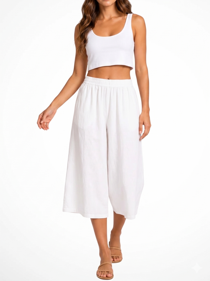 Women's Solid High Waist Smocked Elasticized Waistband Wide Leg Culotte Side Pocket Cropped Pants Women's Wide Leg Pants