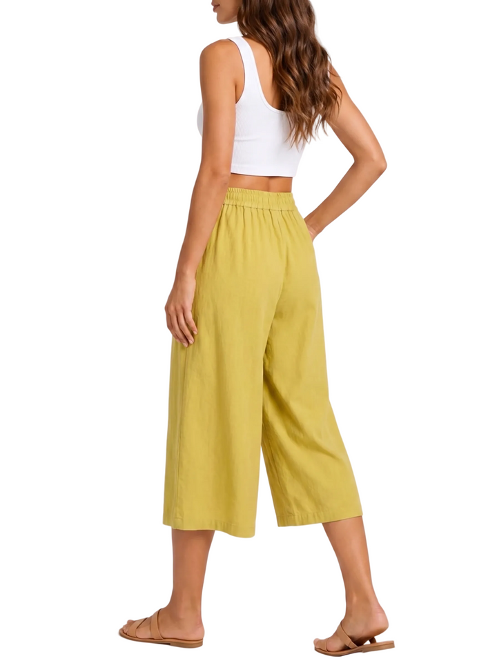 Women's Solid High Waist Smocked Elasticized Waistband Wide Leg Culotte Side Pocket Cropped Pants Women's Wide Leg Pants