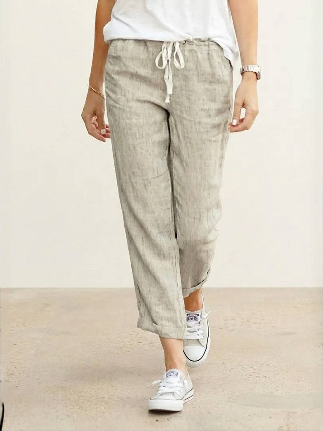 Women's Solid Plain Elasticized Drawstring Waist Straight Leg Slim Fit Rolled Cuff Cropped Ankle Pants Women's Casual Pants