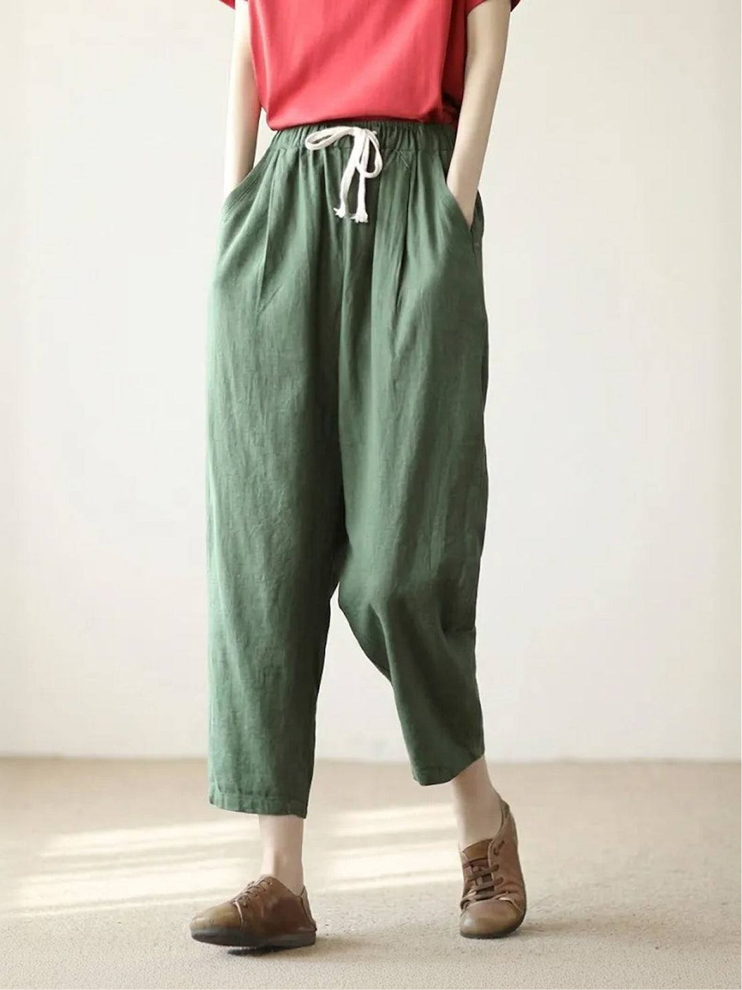 Women's Solid Plain Elasticized Drawstring Waist Straight Leg Slim Fit Rolled Cuff Cropped Ankle Pants Women's Casual Pants