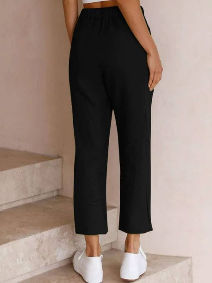 Women's Solid Plain Elasticized Drawstring Waist Straight Leg Slim Fit Rolled Cuff Cropped Ankle Pants Women's Casual Pants