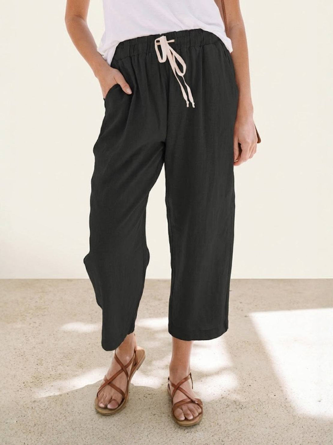 Women's Solid Plain Elasticized Drawstring Waist Straight Leg Slim Fit Rolled Cuff Cropped Ankle Pants Women's Casual Pants