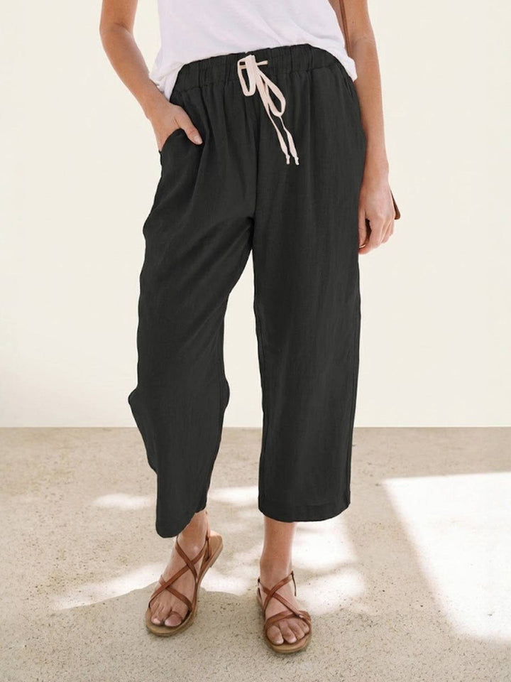 Women's Solid Plain Elasticized Drawstring Waist Straight Leg Slim Fit Rolled Cuff Cropped Ankle Pants Women's Casual Pants