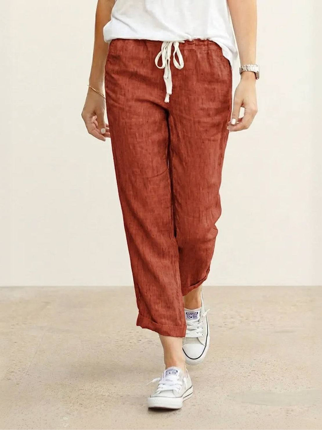 Women's Solid Plain Elasticized Drawstring Waist Straight Leg Slim Fit Rolled Cuff Cropped Ankle Pants Women's Casual Pants
