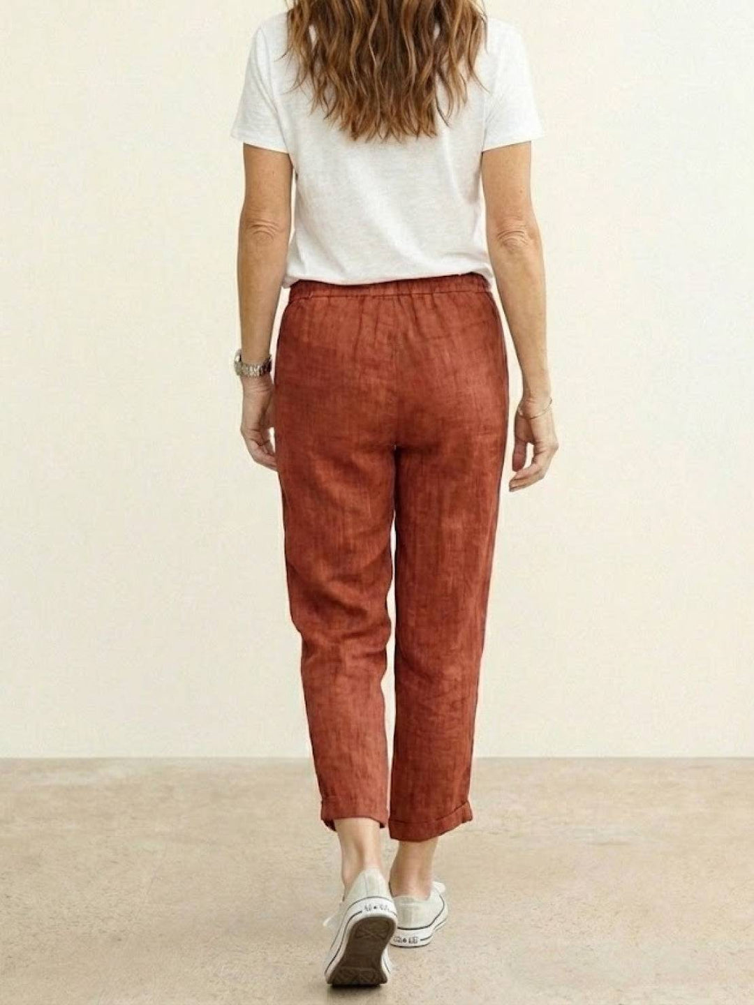 Women's Solid Plain Elasticized Drawstring Waist Straight Leg Slim Fit Rolled Cuff Cropped Ankle Pants Women's Casual Pants