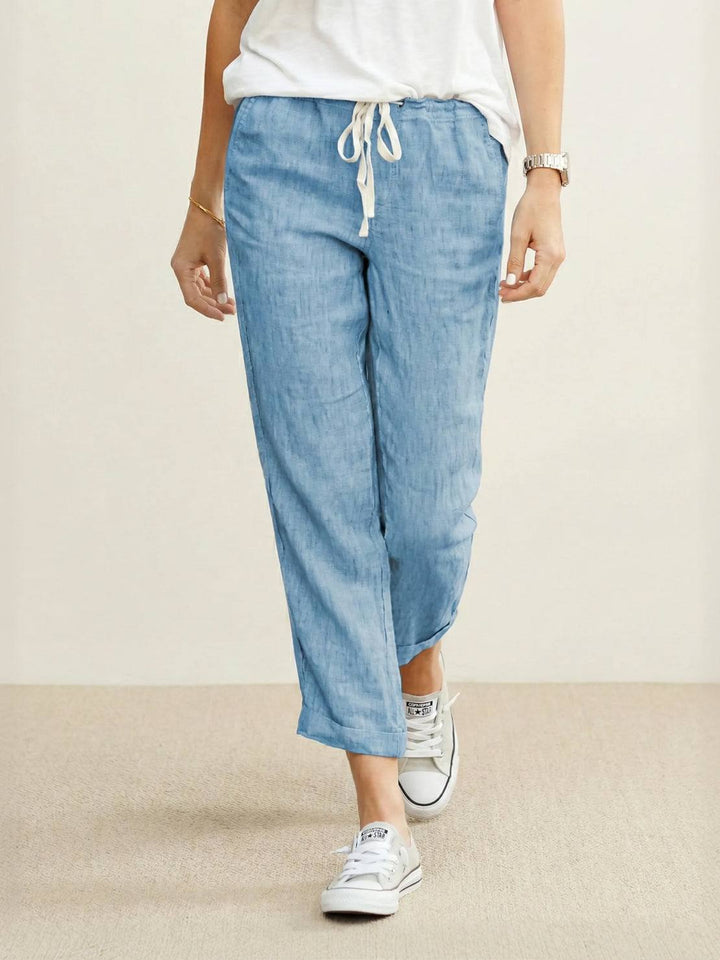 Women's Solid Plain Elasticized Drawstring Waist Straight Leg Slim Fit Rolled Cuff Cropped Ankle Pants Women's Casual Pants