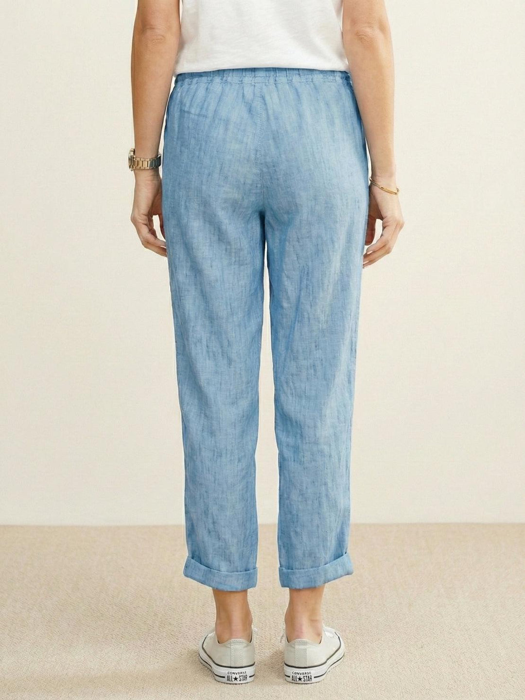 Women's Solid Plain Elasticized Drawstring Waist Straight Leg Slim Fit Rolled Cuff Cropped Ankle Pants Women's Casual Pants