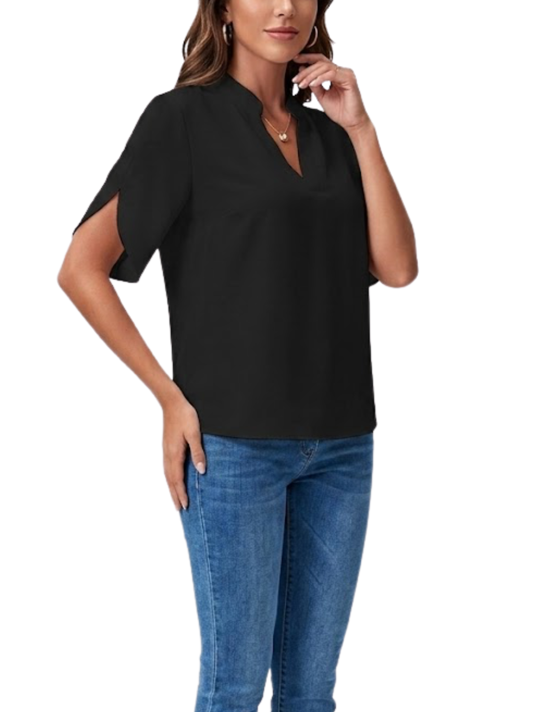 Women's Solid Plain Notch V Neck Low Stand Collar Short Split Hem Batwing Sleeve Loose Fit Pull On Blouse
