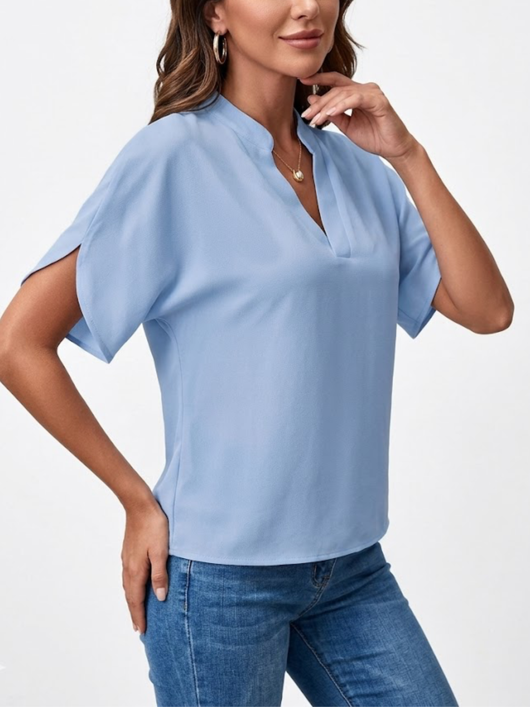 Women's Solid Plain Notch V Neck Low Stand Collar Short Split Hem Batwing Sleeve Loose Fit Pull On Blouse