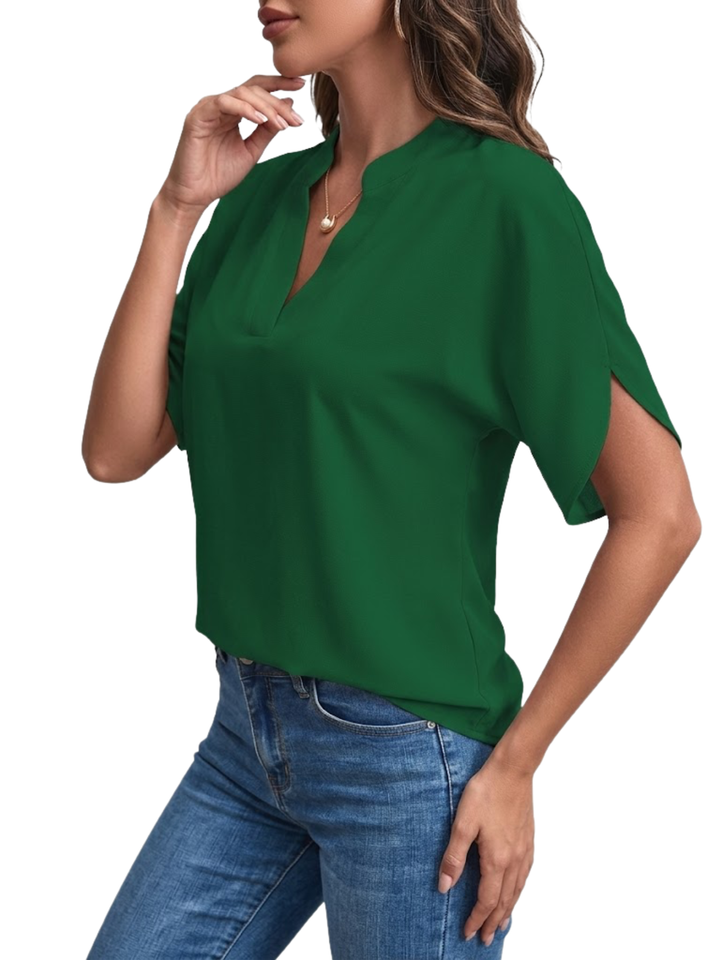 Women's Solid Plain Notch V Neck Low Stand Collar Short Split Hem Batwing Sleeve Loose Fit Pull On Blouse