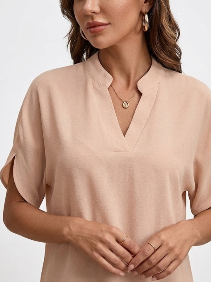 Women's Solid Plain Notch V Neck Low Stand Collar Short Split Hem Batwing Sleeve Loose Fit Pull On Blouse