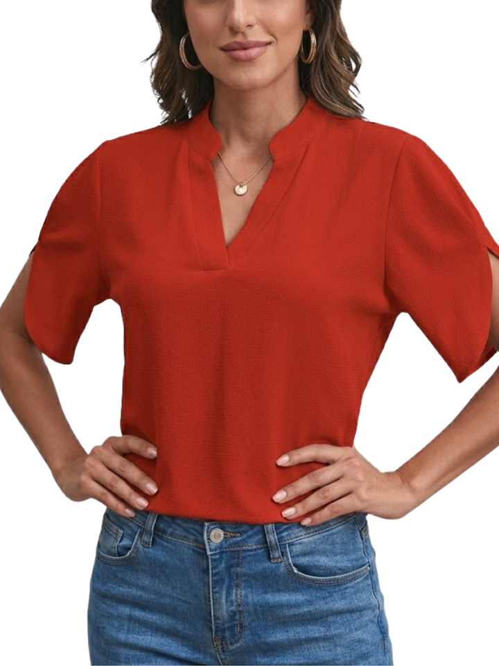Women's Solid Plain Notch V Neck Low Stand Collar Short Split Hem Batwing Sleeve Loose Fit Pull On Blouse