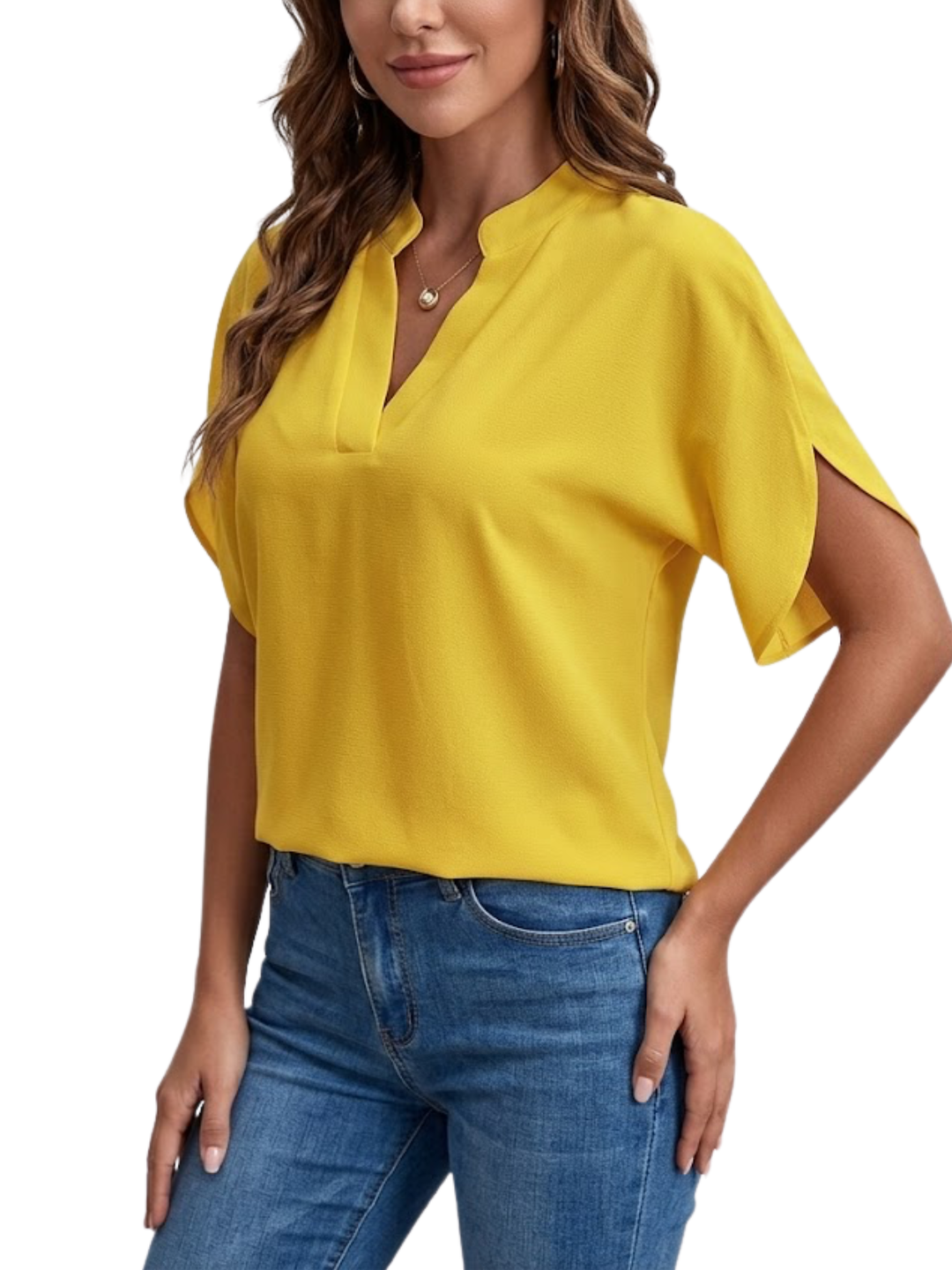 Women's Solid Plain Notch V Neck Low Stand Collar Short Split Hem Batwing Sleeve Loose Fit Pull On Blouse