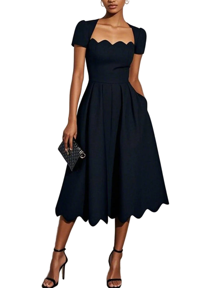 Women's Solid Plain Short Sleeve Square Neck Scalloped Neckline Fitted Bodice Full Pleated A Line Scalloped Hem Midi Dress Fit and Flare Dress