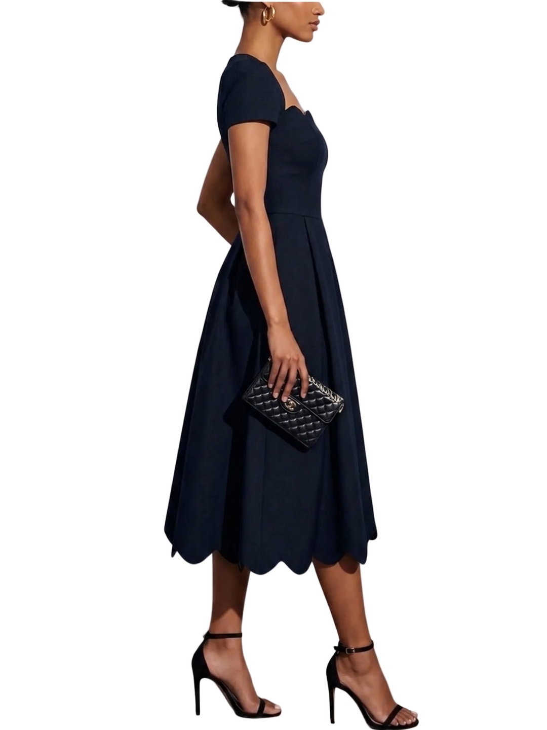 Women's Solid Plain Short Sleeve Square Neck Scalloped Neckline Fitted Bodice Full Pleated A Line Scalloped Hem Midi Dress Fit and Flare Dress