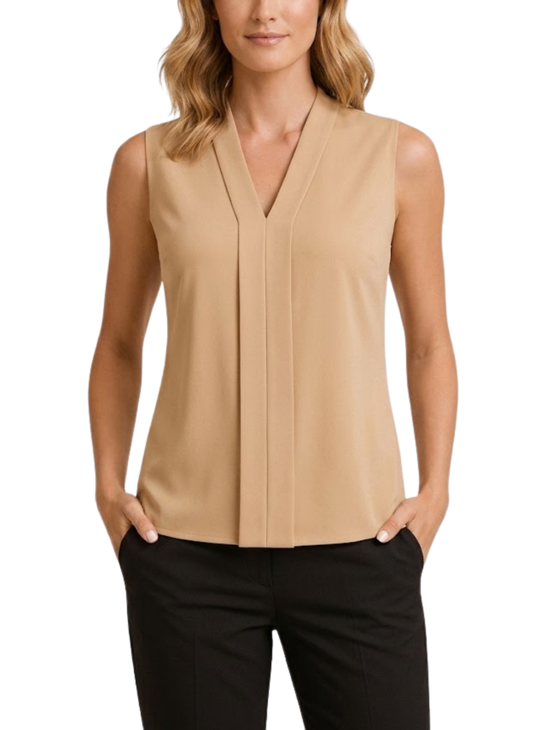 Women's Solid Plain Sleeveless V Neck Center Front Inverted Pleat Panel Semi Fitted Straight Hem Blouse Sleeveless Blous