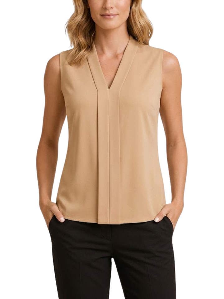 Women's Solid Plain Sleeveless V Neck Center Front Inverted Pleat Panel Semi Fitted Straight Hem Blouse Sleeveless Blous