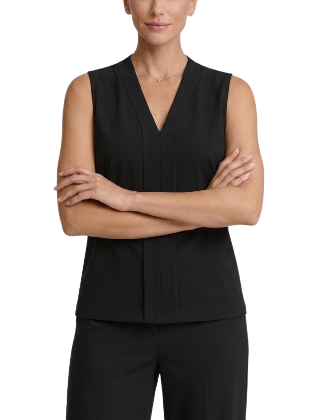 Women's Solid Plain Sleeveless V Neck Center Front Inverted Pleat Panel Semi Fitted Straight Hem Blouse Sleeveless Blous