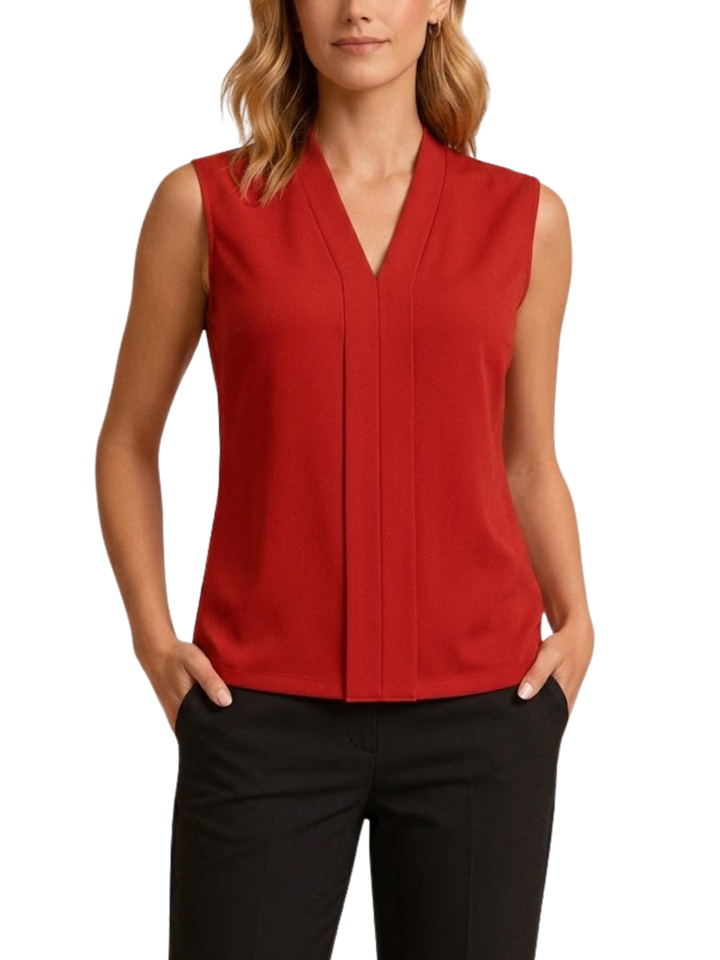 Women's Solid Plain Sleeveless V Neck Center Front Inverted Pleat Panel Semi Fitted Straight Hem Blouse Sleeveless Blous