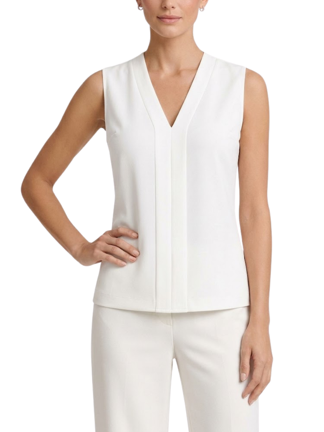 Women's Solid Plain Sleeveless V Neck Center Front Inverted Pleat Panel Semi Fitted Straight Hem Blouse Sleeveless Blous