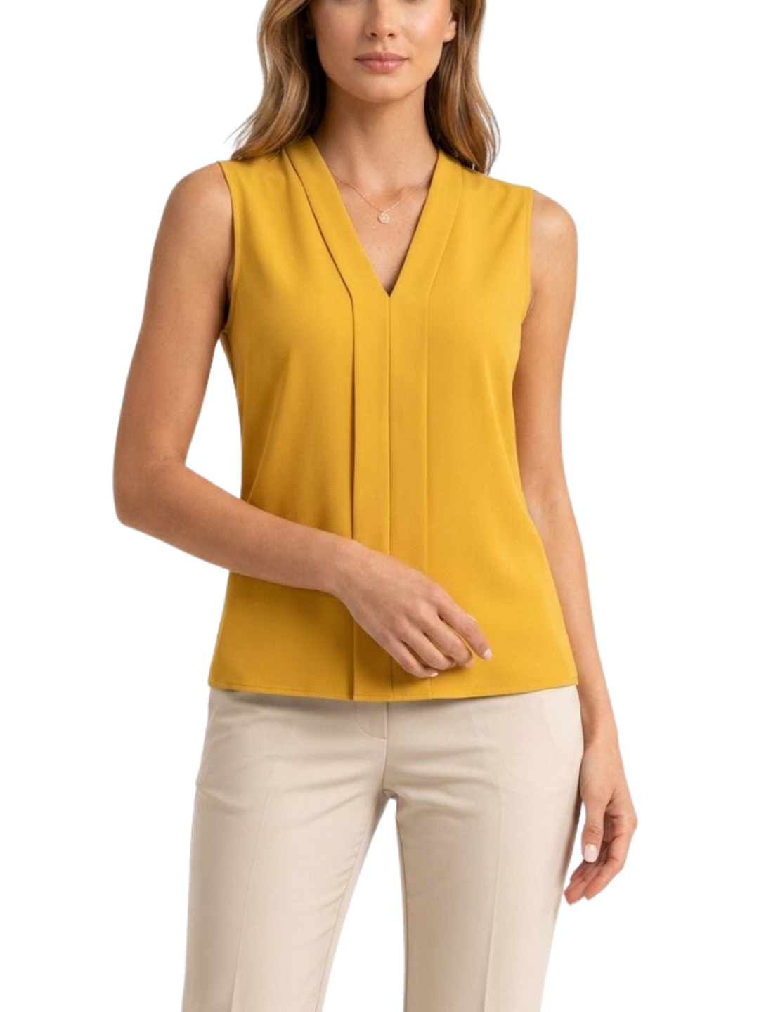 Women's Solid Plain Sleeveless V Neck Center Front Inverted Pleat Panel Semi Fitted Straight Hem Blouse Sleeveless Blous