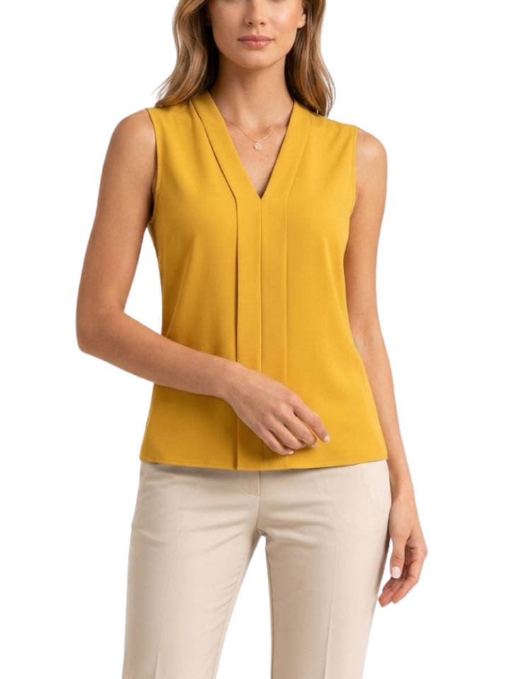 Women's Solid Plain Sleeveless V Neck Center Front Inverted Pleat Panel Semi Fitted Straight Hem Blouse Sleeveless Blous
