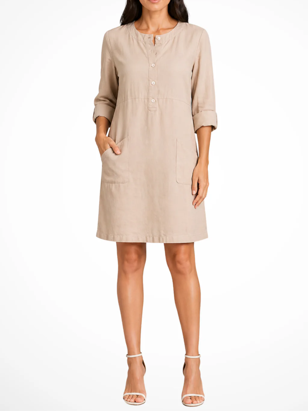 Women's Solid Relaxed Shirt Dress with Partial Button Henley Neckline Roll Tab Three Quarter Sleeves and Front Patch Pockets